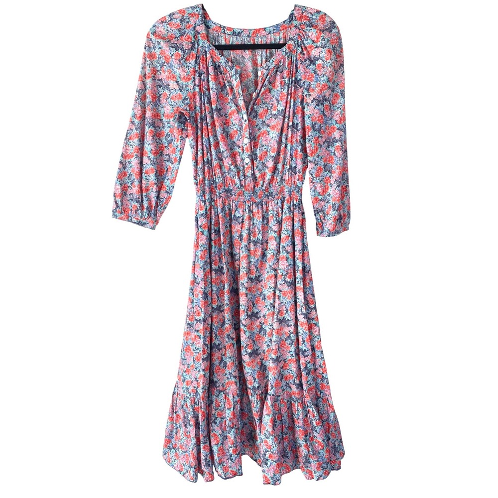 Womens Floral Midi Dress S/M‎ Blue Pink Cottagecore Tiered V Neck Feminine Boho